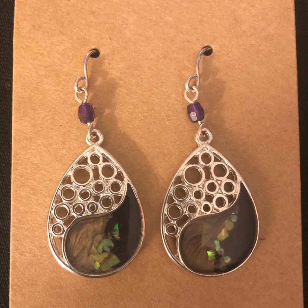 Silver, Multicolored Abalone Drop Earrings